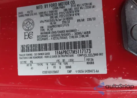 2021 Ford Mustang Gt Premium z USA, uszkodzony, nr VIN 1FA6P8CF7M5117173